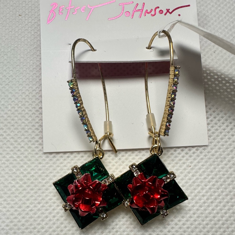 Betsey Johnson Red Rose and Green Gem Earrings